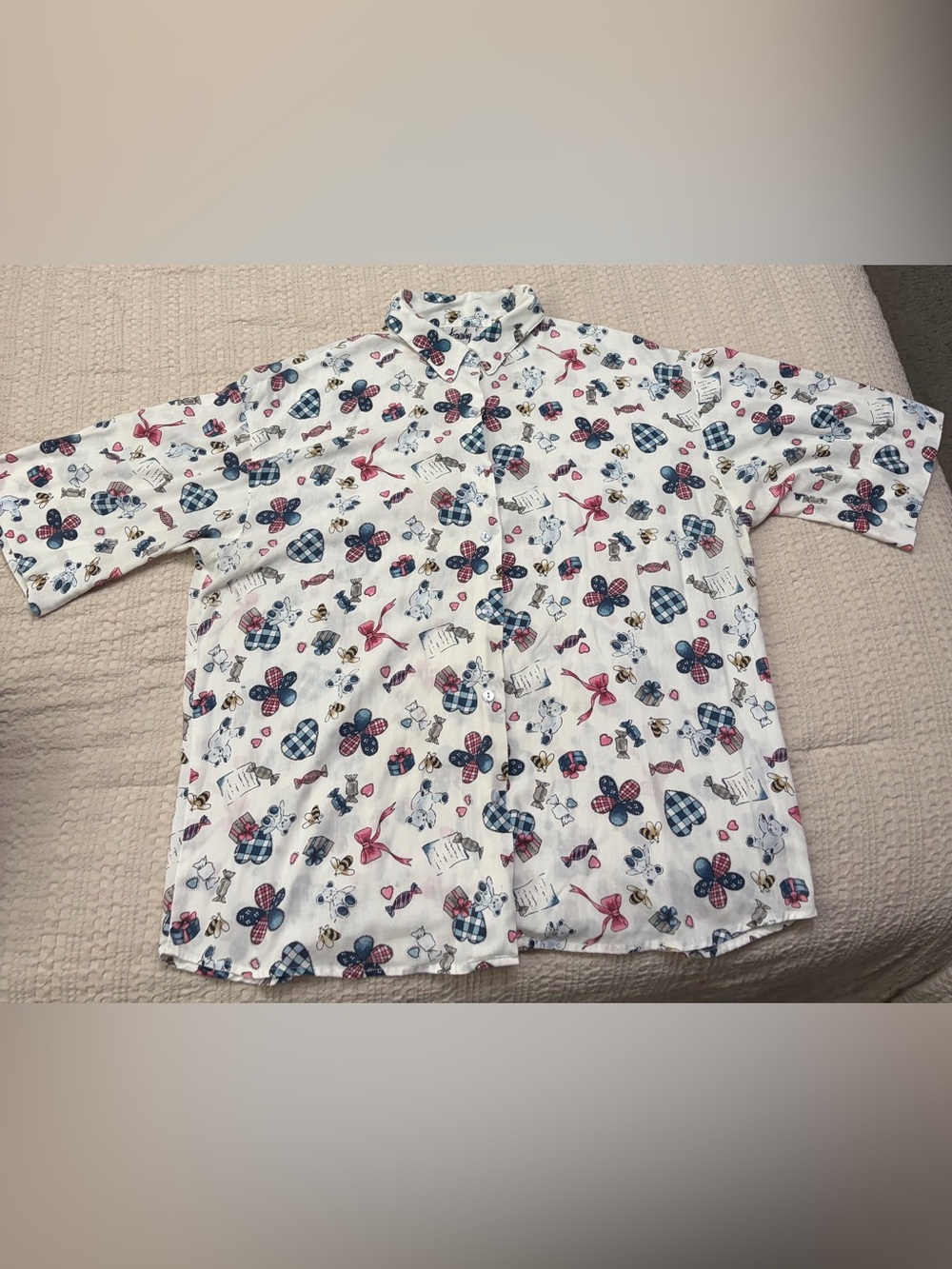 Womens White button up top with Blue & Pink Print